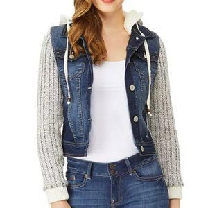Juniors' WallFlower Knit Sleeve Hooded Denim Jacket